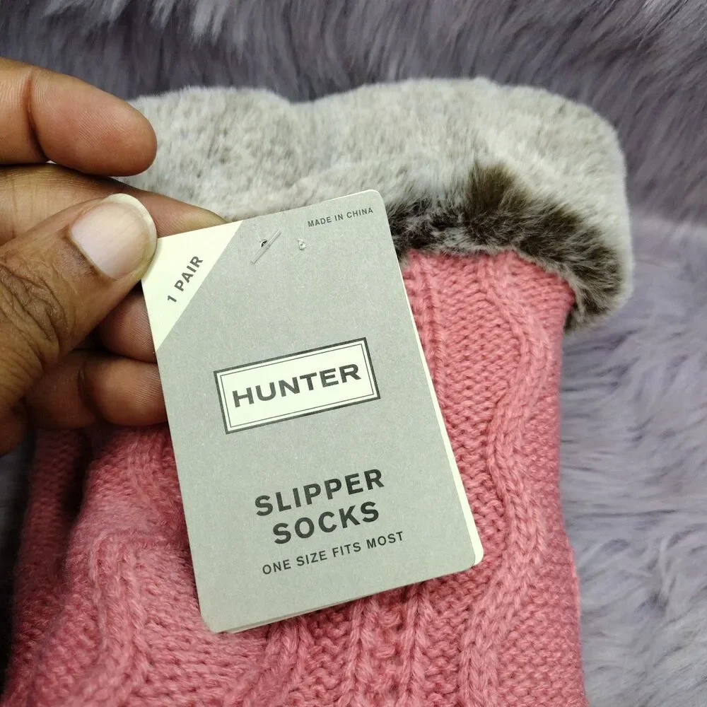 New Hunter Slipper No Slip Socks Pink Faux Fur Knit Brown Gray Sz OS One Size